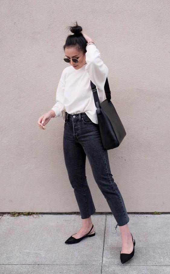 White Sweater with Black Jeans and Black Flats 